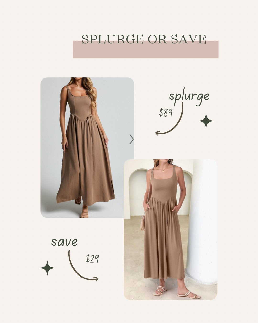 Splurge or Save!! I’m loving the bust details and the fabric of the splurge.  It’s splurge for me, but that dupe is a great cost alternative!! 🤎

#LTKFindsUnder50