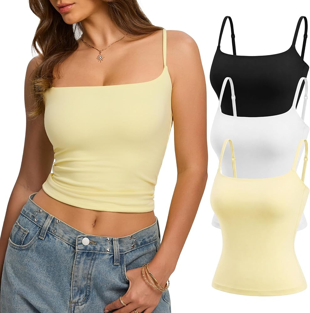 3 Pack Double Lined Tank Tops for Women Square Neck Basic Fitted Going Out Tops Spaghetti Strap S... | Amazon (US)