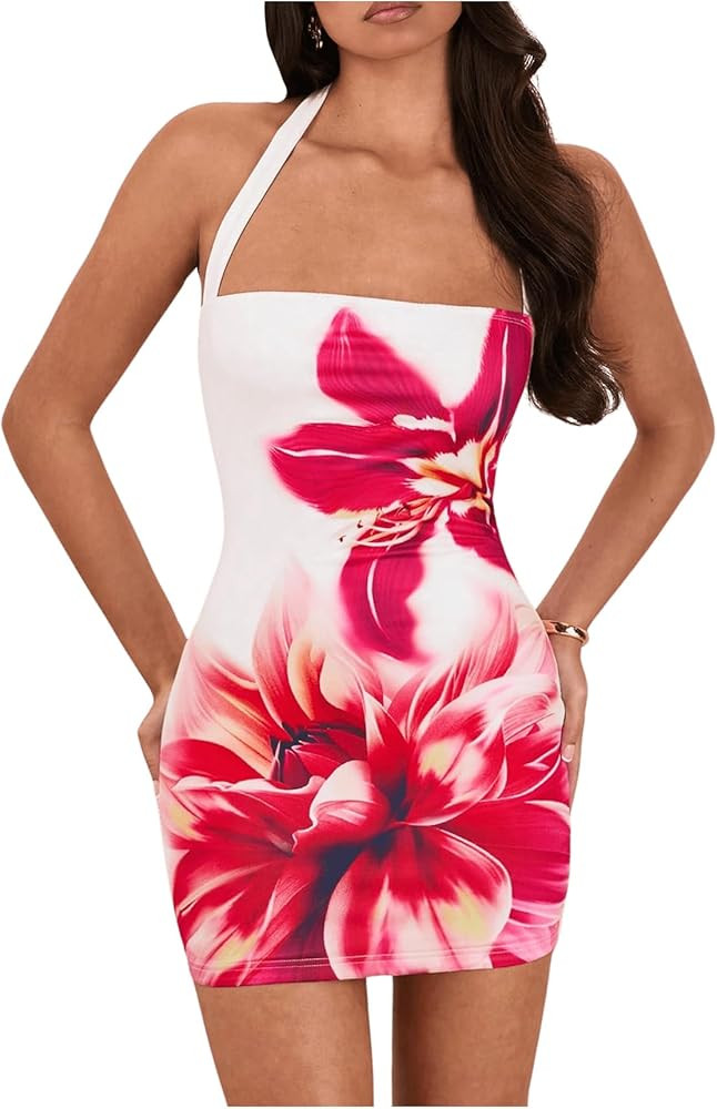 OYOANGLE Women's Floral Halter Mini Dress Sleeveless Fitted Y2K Beach Vacation Short Dresses | Amazon (US)