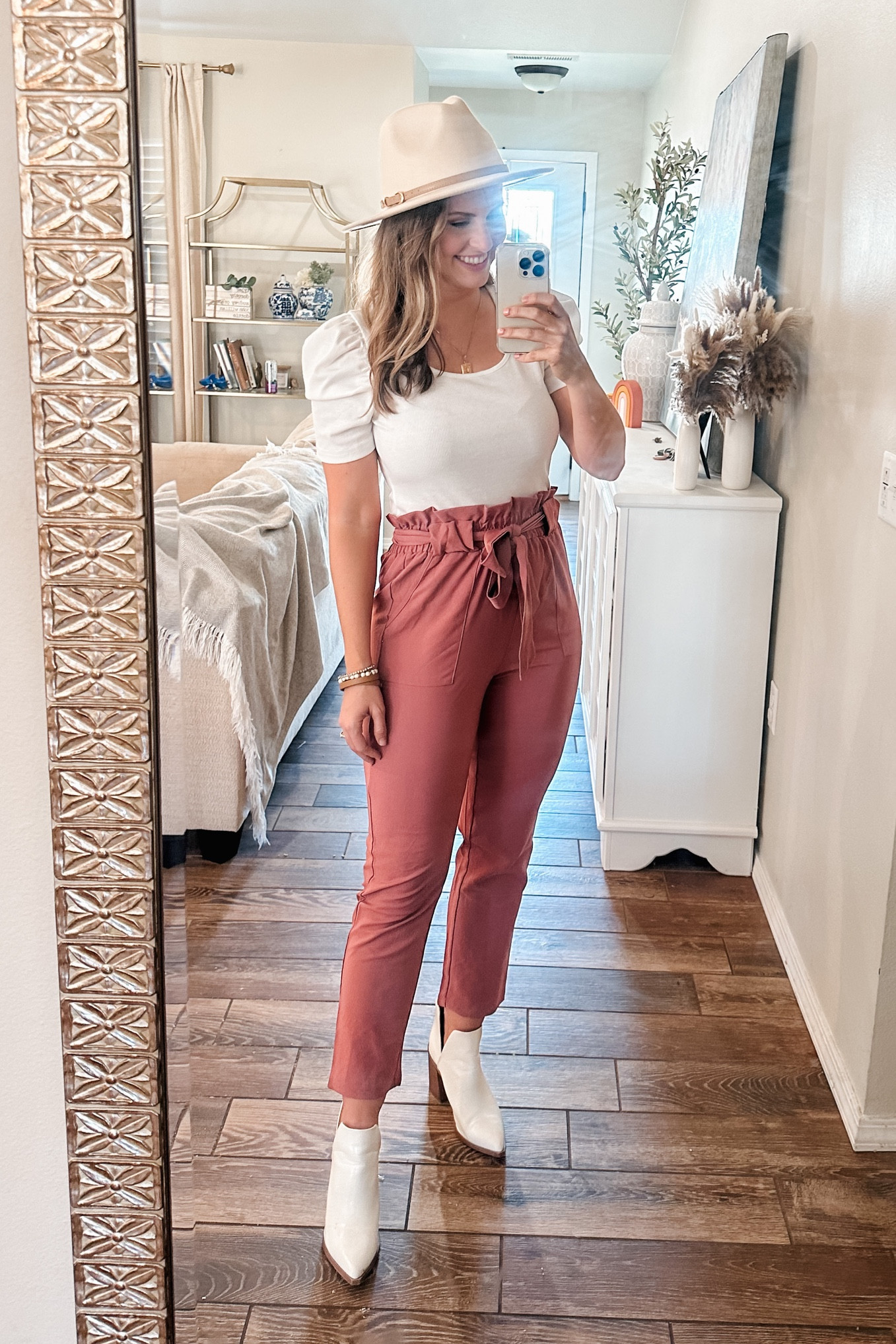 Fall outfit: pants can be dressy or casual! Love the high waist straight leg fit! Paired it with puff sleeve top, white boots, initial necklace & a fall hat! 

#LTKworkwear #LTKunder50 #LTKSeasonal