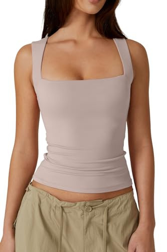QINSEN Womens Sleeveless Square Neck Casual Basic Slim Fit Fitted Tank Top Pink XS | Amazon (US)