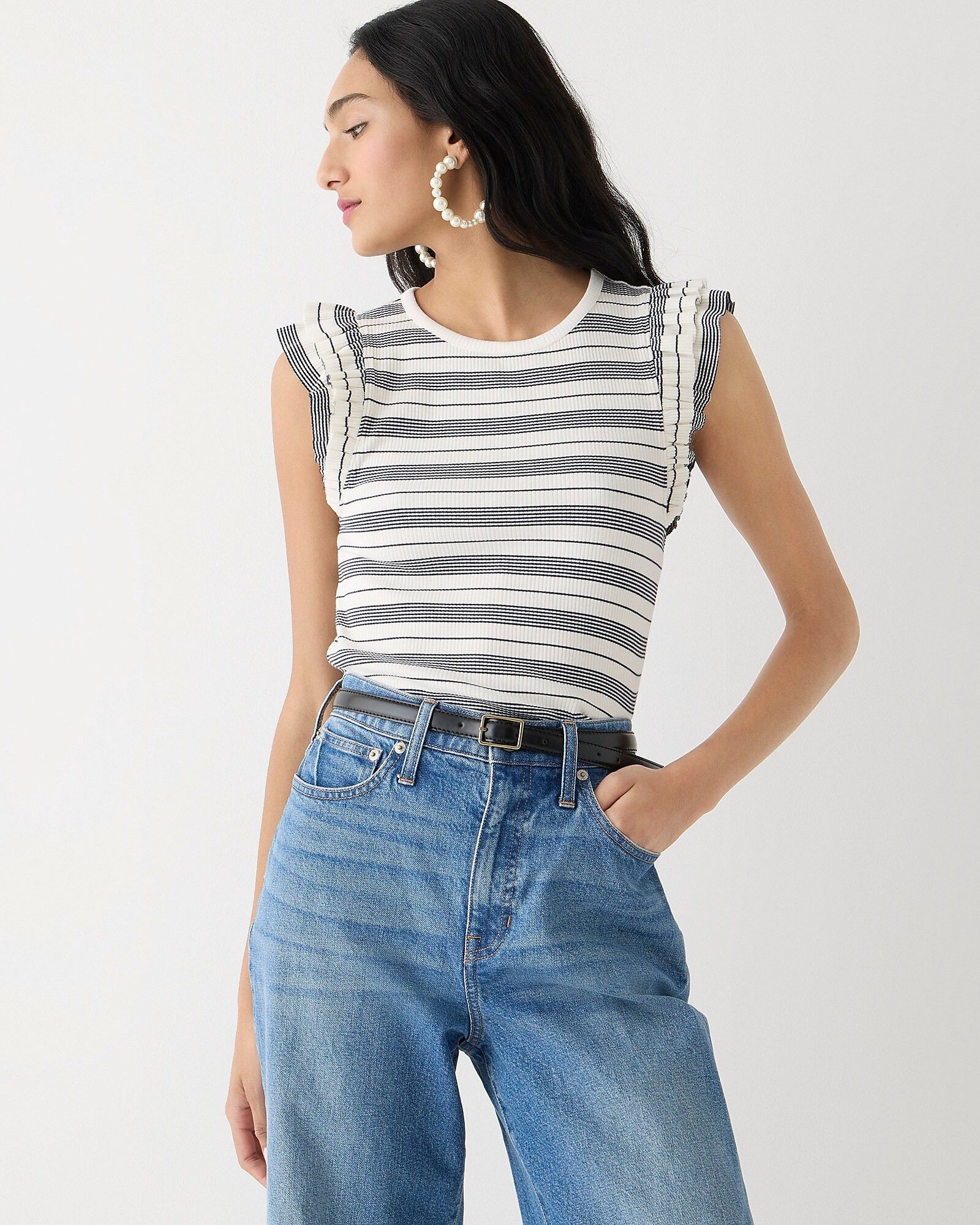 Vintage rib ruffle-sleeve shirt in stripe | J.Crew US
