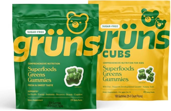 Gruns Adult + Kids Superfood Green Bundle, Sugar-Free, Nutritional Supplement 2-Pack (28 Day Supp... | Amazon (US)