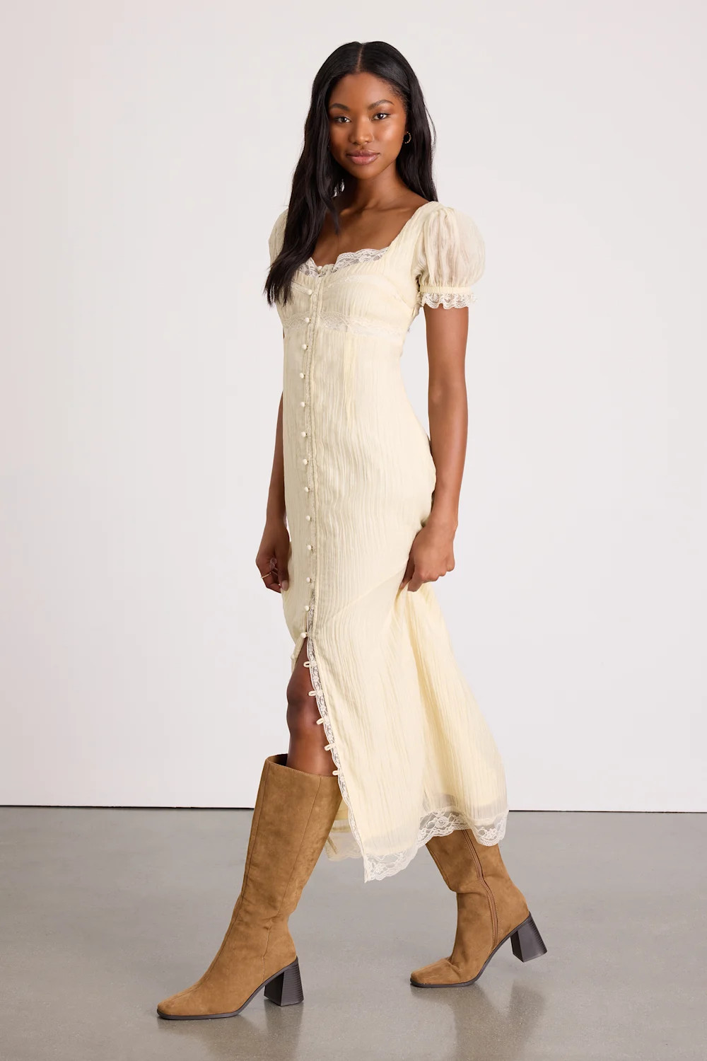 Crissa Cream Lace Textured Puff Sleeve Midi Dress | Lulus