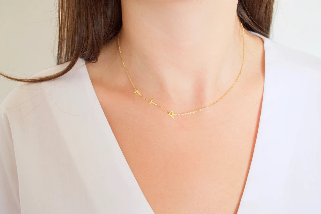 14k Solid Gold Initial Necklace , Letter Necklace , 8k , 14k , 18k Gold Initial Necklace ,sideway... | Etsy (US)