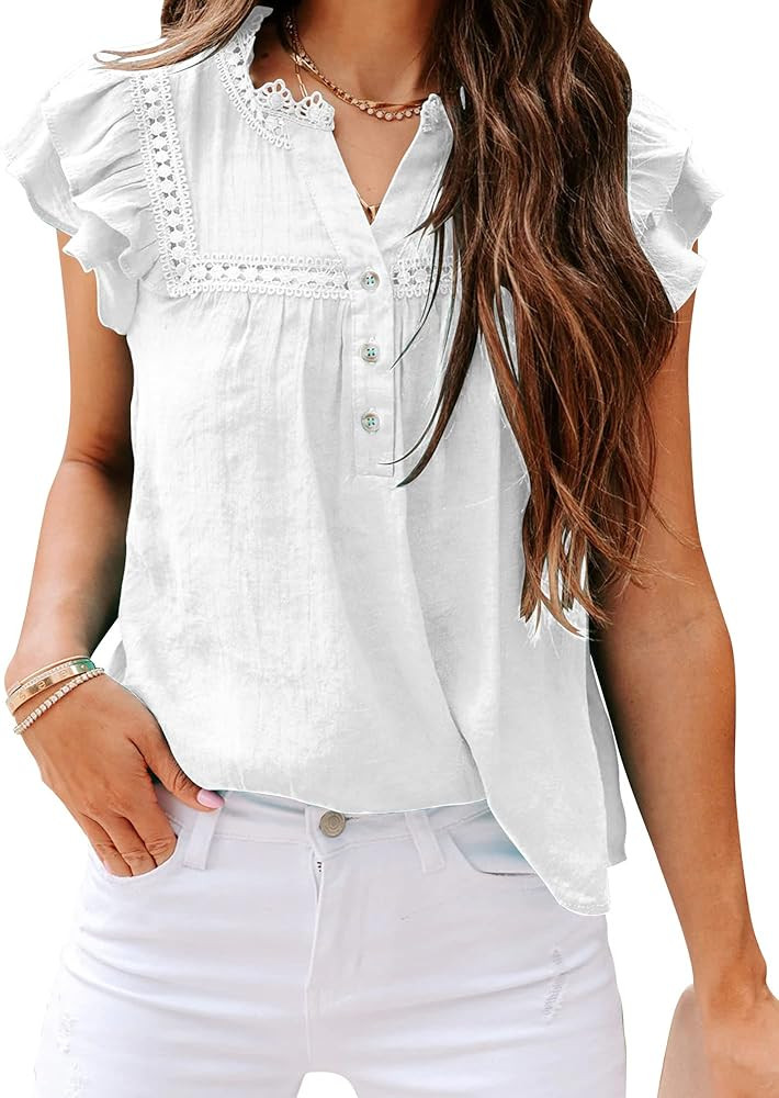 Women's V Neck Lace Crochet Shirts Button Down Short Sleeve Casual Blouse Tops | Amazon (US)