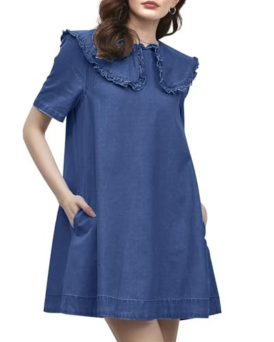 Kedera Womens Denim Mini Dress 2025 Peter Pan Collar Babydoll Flowy Short Sleeve Blue Jean Dresses with Side Pockets | Amazon (US)