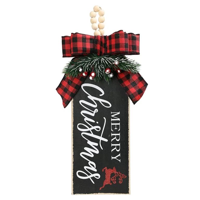 Holiday Time "Merry Christmas" Wood Wall Hanging Décor with Red & Black Bow, 13.6" Tall | Walmart (US)