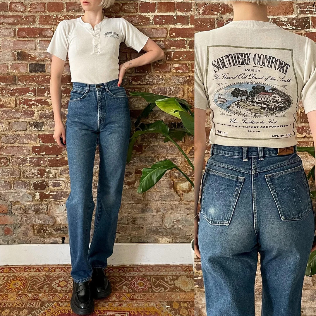 Vintage 1970s Brittania High Waisted Tapered Leg Jeans - 70s Brittania Faded Dark Wash Tapered Je... | Etsy (US)