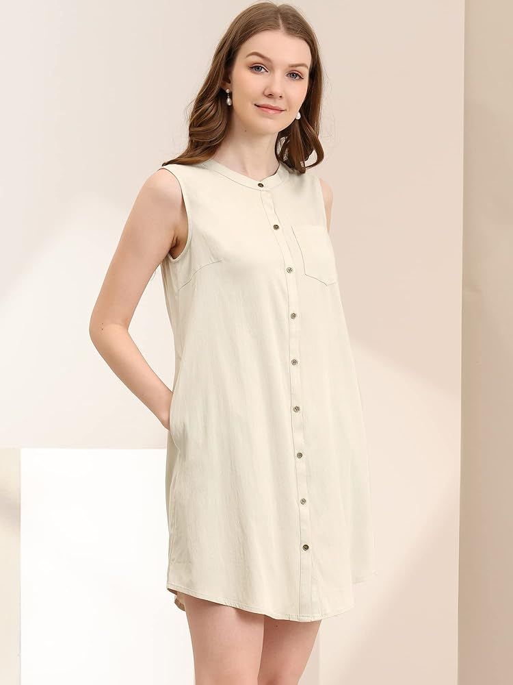 Allegra K Women's Button Up Shirtdress Sleeveless Tunic Denim Chambray Dress with Pocket | Amazon (US)