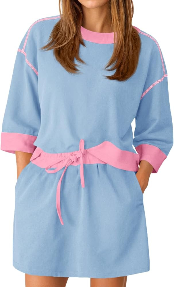 Tankaneo Womens 2 Piece Skirt Set Summer Casual Half Sleeve Tops High Waisted Shorts Color Block ... | Amazon (US)