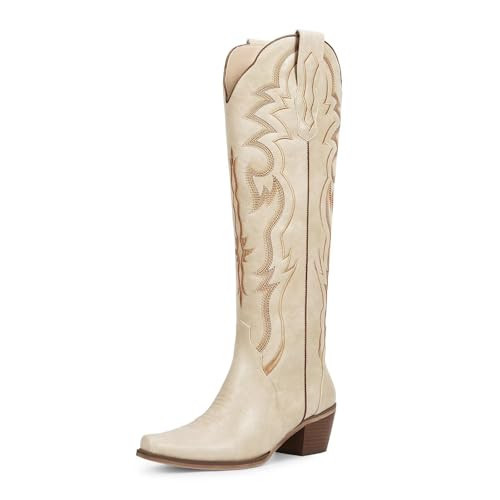 wetkiss Beige Knee High Cowboy Boots for Women Comfortable Western Cowgirl Tall Boots with Chunky Low Heel Slip On Pointed Toe Retro Embroidered forDancing Wedding Traveling Daily Outfits Size 9.5 | Amazon (US)