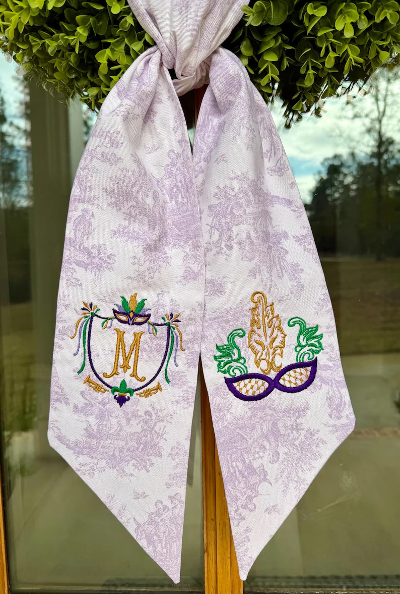 Mardi Gras Toile Wreath Sash. Embroidered Mardi Gras Mask. Personalized Mardi Gras Decor. - Etsy | Etsy (US)