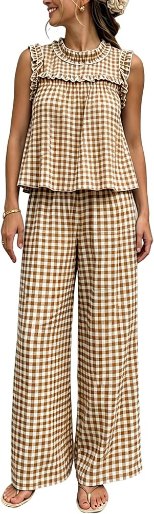 Aimiray Women's 2 Piece Plaid Sets Gingham Sleeveless Peplum Tops Wide Leg Pants Summer Matching ... | Amazon (US)