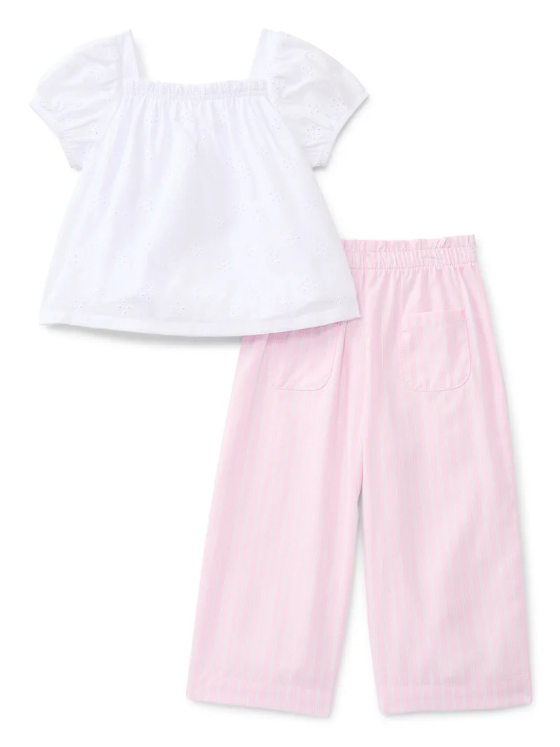 Wonder Nation Toddler Girls' Cotton Eyelet Top and Wide Leg Pants Set, 2-Piece, Sizes 12M-5T | Walmart (US)