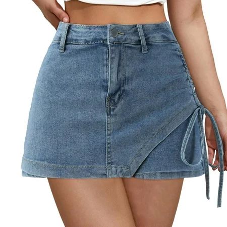 Women s Denim Skorts Side Drawstring Lace-up High Waist Mini Jean Skirts Shorts | Walmart (US)