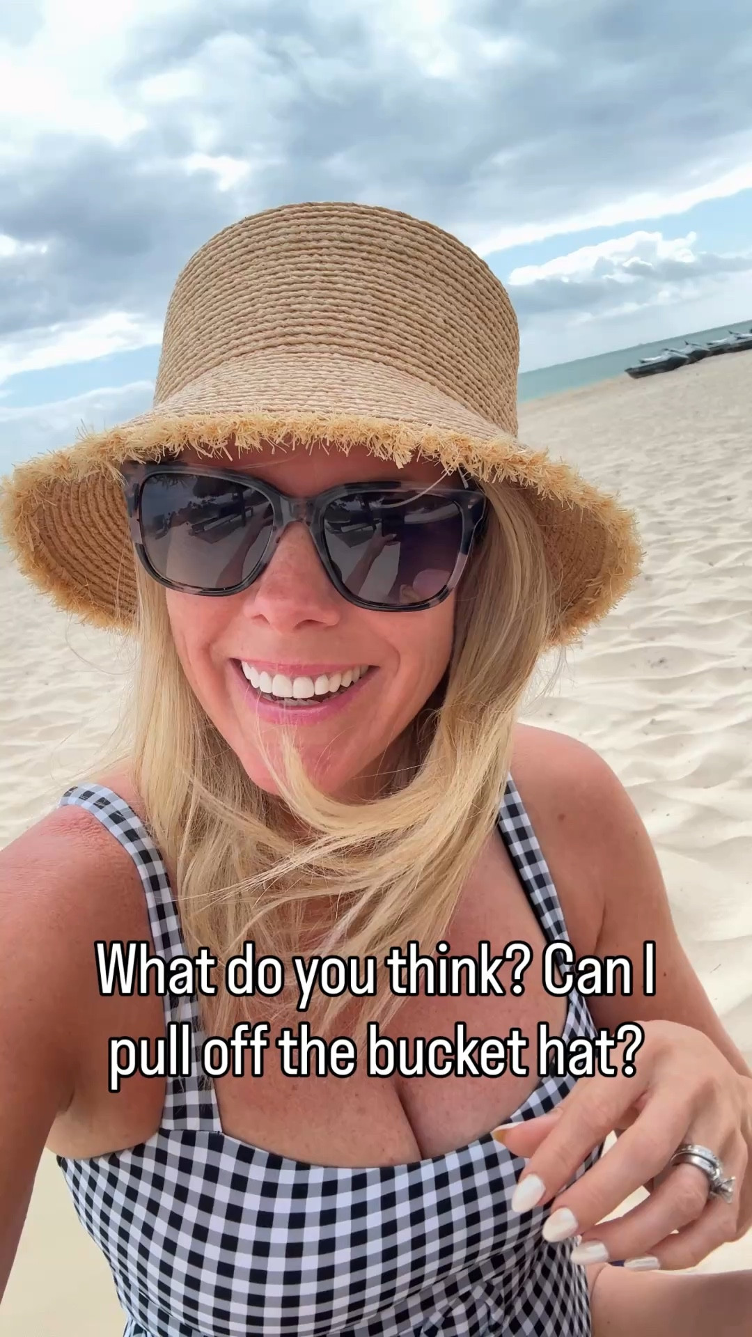 Straw bucket hat size small. Small swimsuit. Use code DONNELL for 12% off on the swimsuit. Waterproof jewelry 

#LTKootd #LTKTravel #LTKSwim