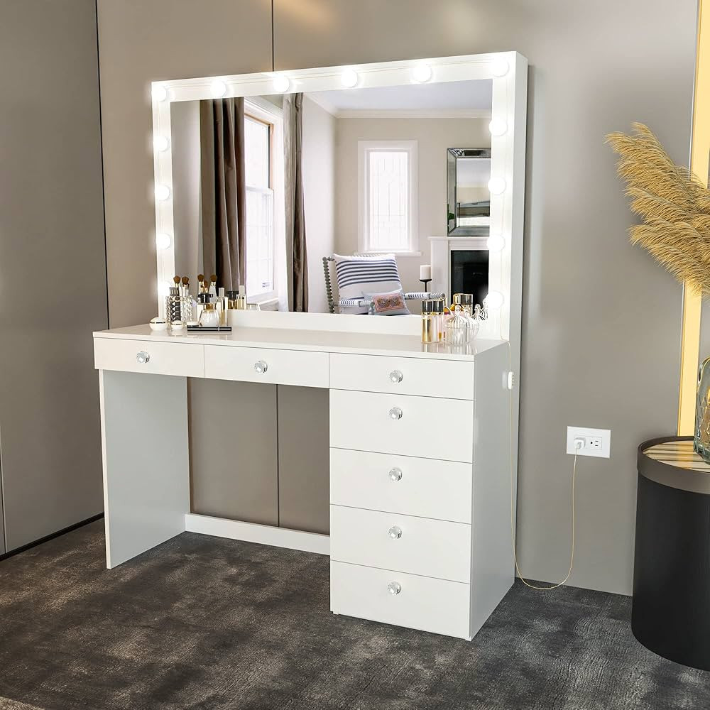 Boahaus Diana Modern Vanity Makeup Desk with Hollywood Vanity Mirror, Lights, 07 Drawers, Large T... | Amazon (US)