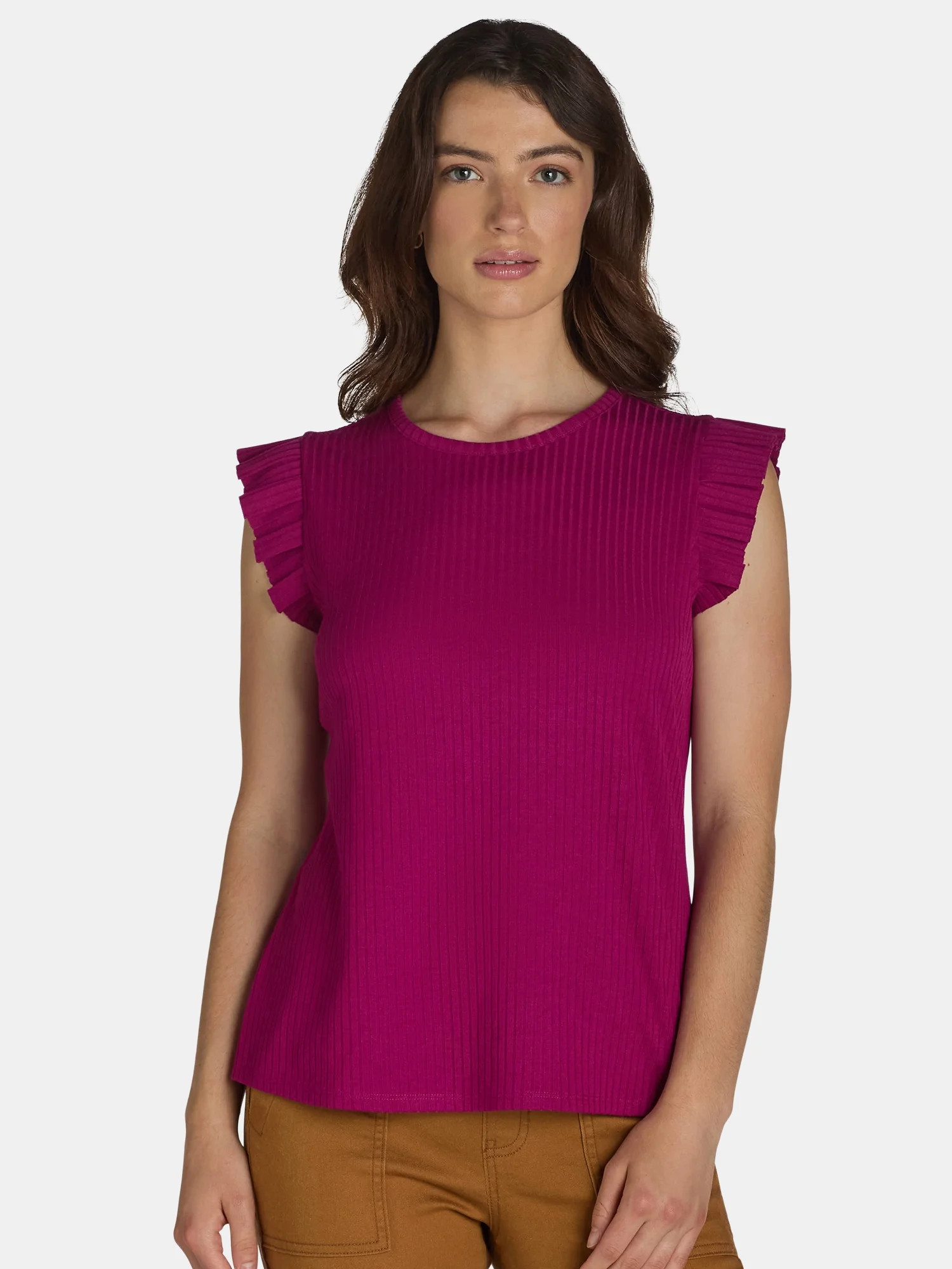 Time and Tru Women's Rib Ruffle Sleeve Top | Walmart (US)