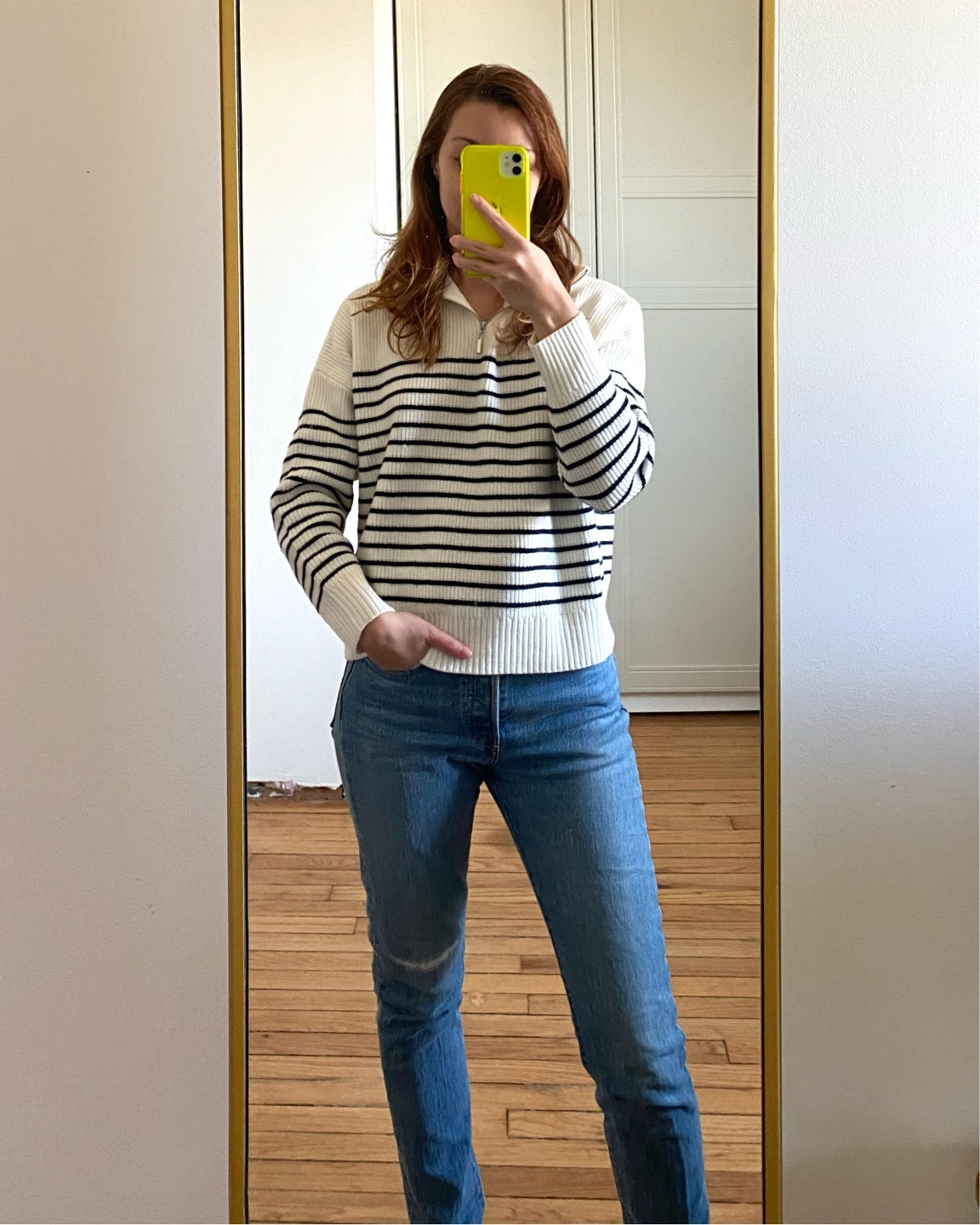 Mango striped knit sweater - wearing size XS. Navy zipper coastal fall autumn seasonal comfy outfit. Levi’s 501 women’s skinny medium wash.

#LTKHoliday #LTKstyletip #LTKSeasonal