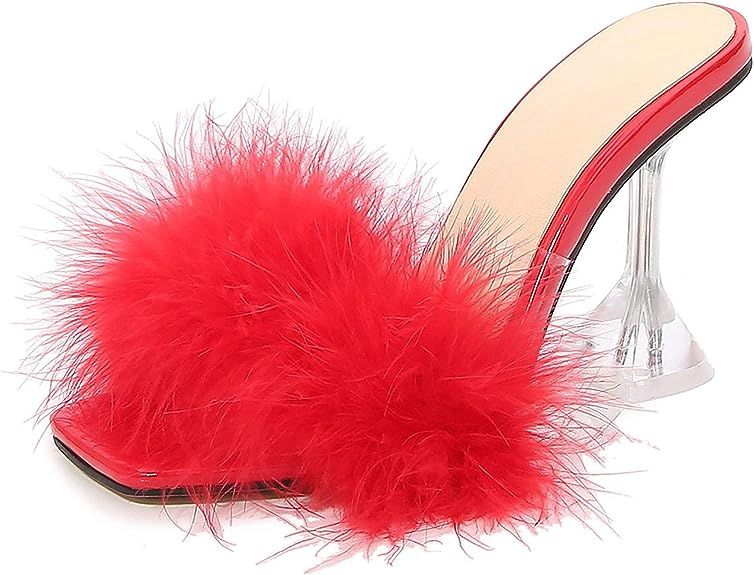 YIYA Women's Feather High Heels Slides Sexy Peep Toe Summer Fur Slippers Clear Heeled Mules Slip ... | Amazon (US)