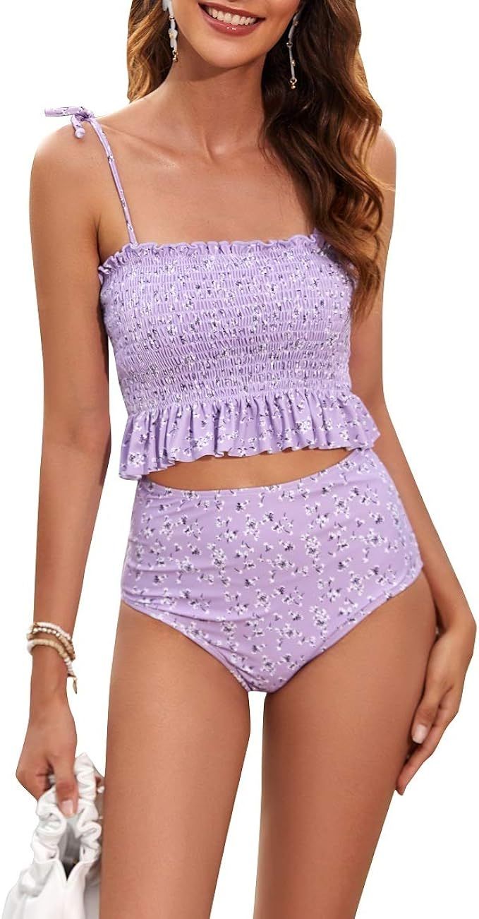 MOLYBELL Women's Shirred Petite Bikini Sets, Ruffled Tummy Control Bathing Suit, Strapless High W... | Amazon (US)
