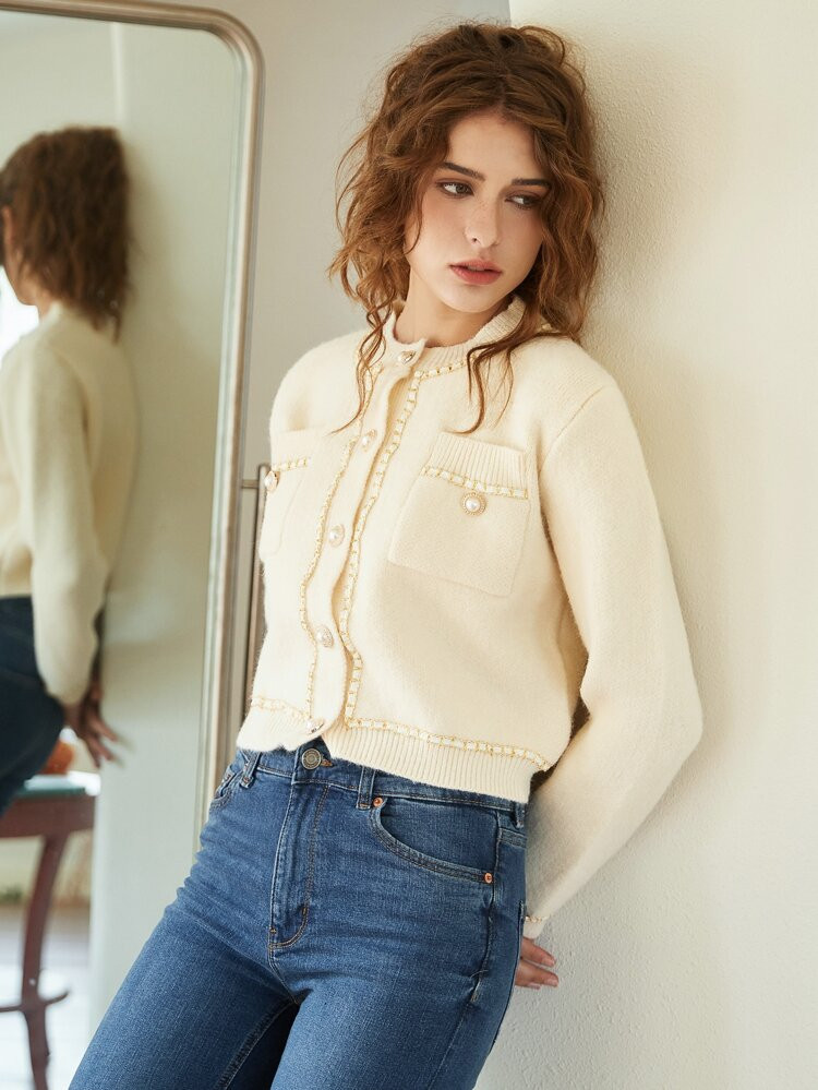 Knit Mix Contrast Stitch Pearls Beaded Crop Cardigan | SHEIN