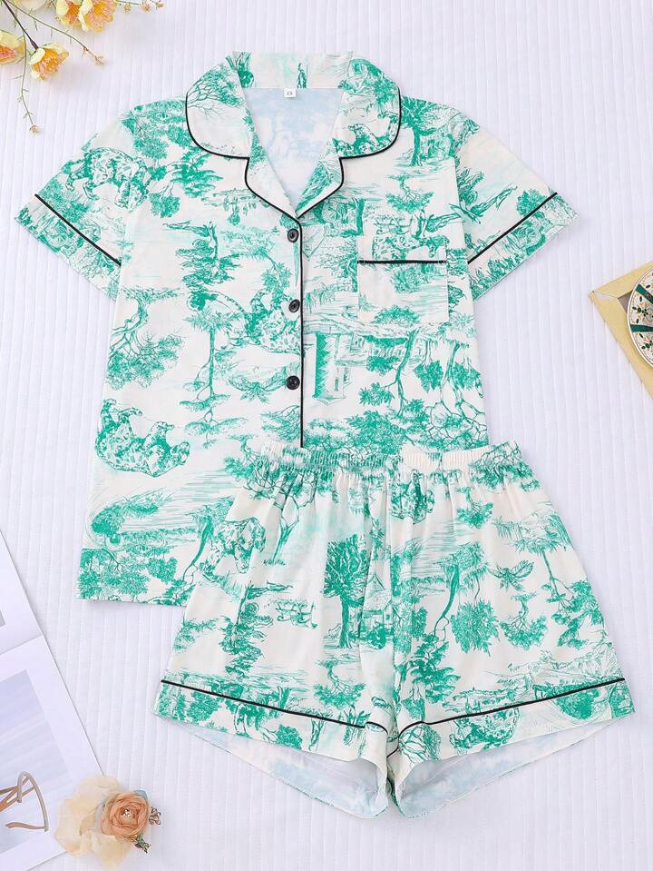 Leopard Print Painting Pattern Women's Pajama Set, Includes Collared Short Sleeve Top And Loose S... | SHEIN