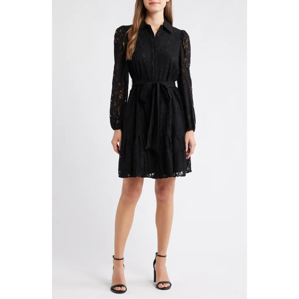 Anne Klein Long Sleeve Lace Shirtdress in Anne Black at Nordstrom, Size 0 | Nordstrom