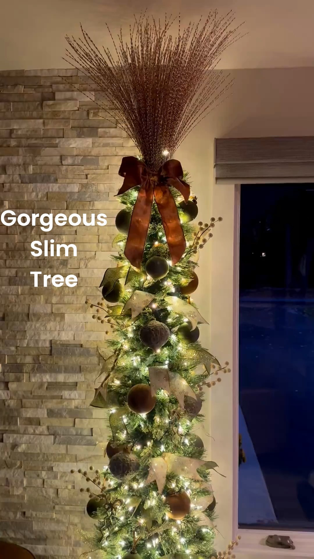 Decorated slim cashmere Christmas Tree in olive greens, sage green and brown. Holiday decorations 

#LTKHoliday #LTKFindsUnder50 #LTKHome