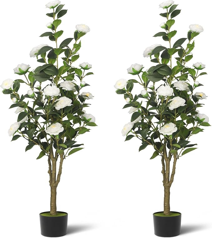 2-Pack 4FT Artificial Camellia Tree,Realistic Fake Potted Plants with Flowers&Planters,Indoor/Out... | Amazon (US)