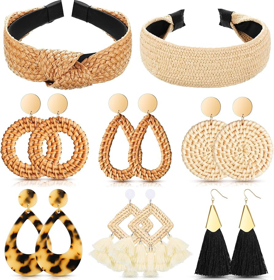 8 Pieces Knotted Rattan Headband Earrings for Women Wide Straw Boho Headbands Twist Knot Hair Acc... | Amazon (US)