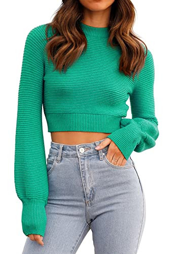 Womens Sexy Long Sleeve Cropped Sweaters Crewneck Ribbed Knit Crop Tops Pullover Green | Amazon (US)