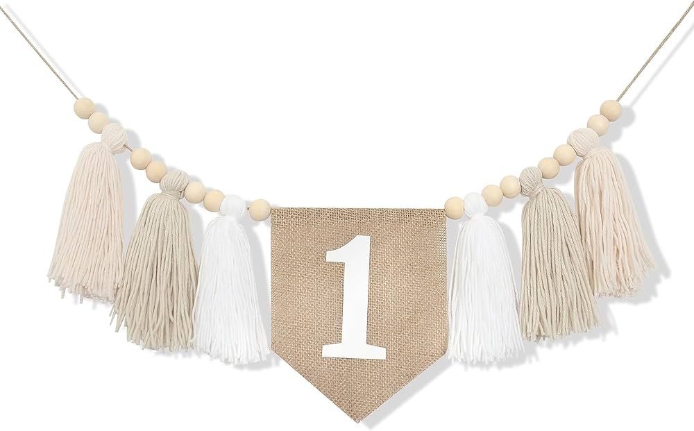 BOOMPA White 1st Birthday High Chair Banner - Wood Bead Tassel Garland - First Birthday Party Tas... | Amazon (US)