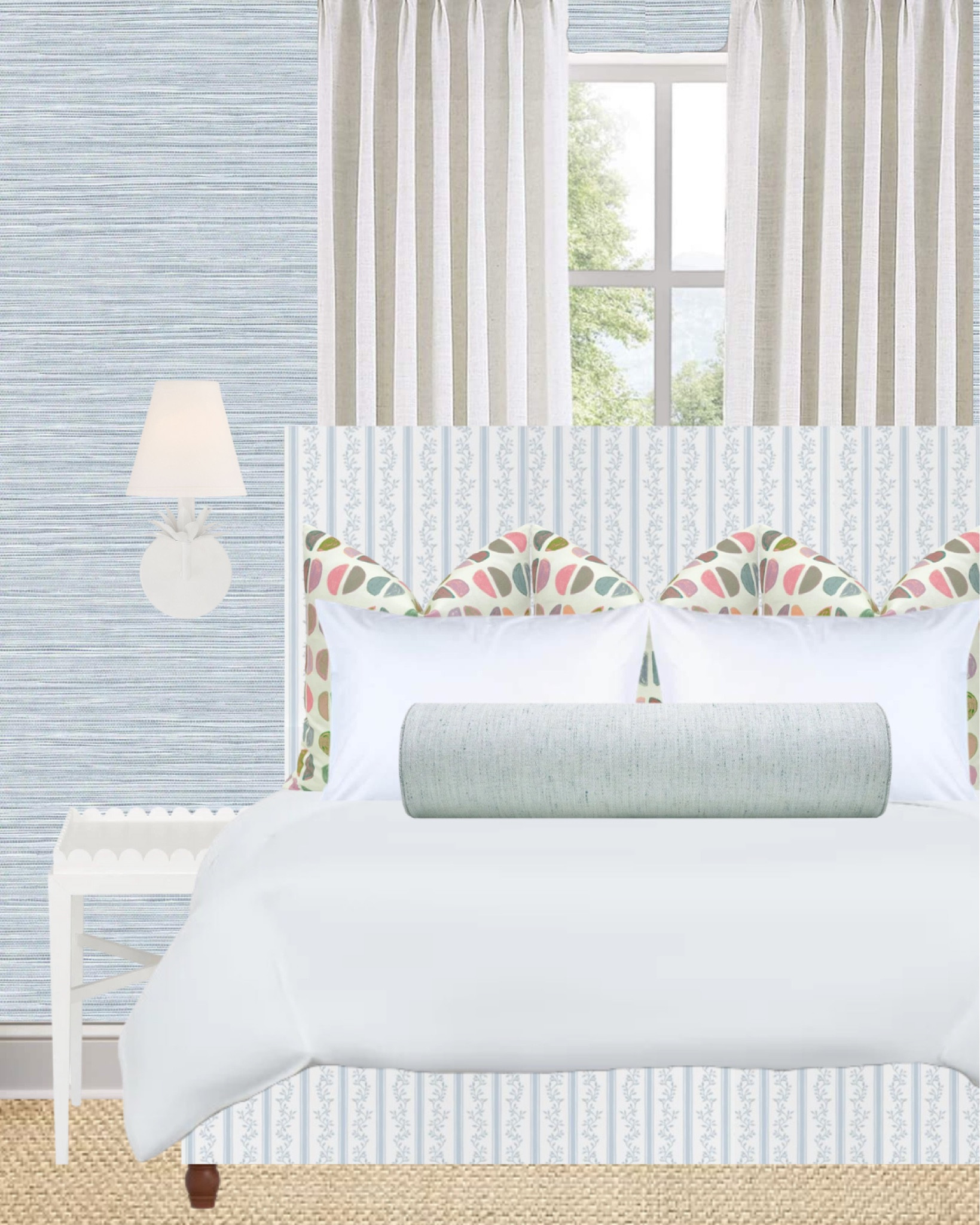 Interior design inspo
Guest bedroom design
Grasscloth wallpaper
Bolster pillow
White sconce
Scalloped table
Upholstered bed
Pinch pleat curtains
Grandmillennial home
Blue and white home 
Girly taste
Master bedroom

#LTKsalealert #LTKhome