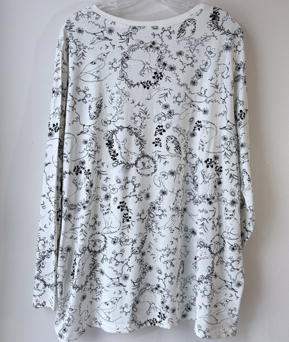 Lands’ End Long Sleeve Polo Shirt 2X White Black Nature Casual Deer Fox | eBay US