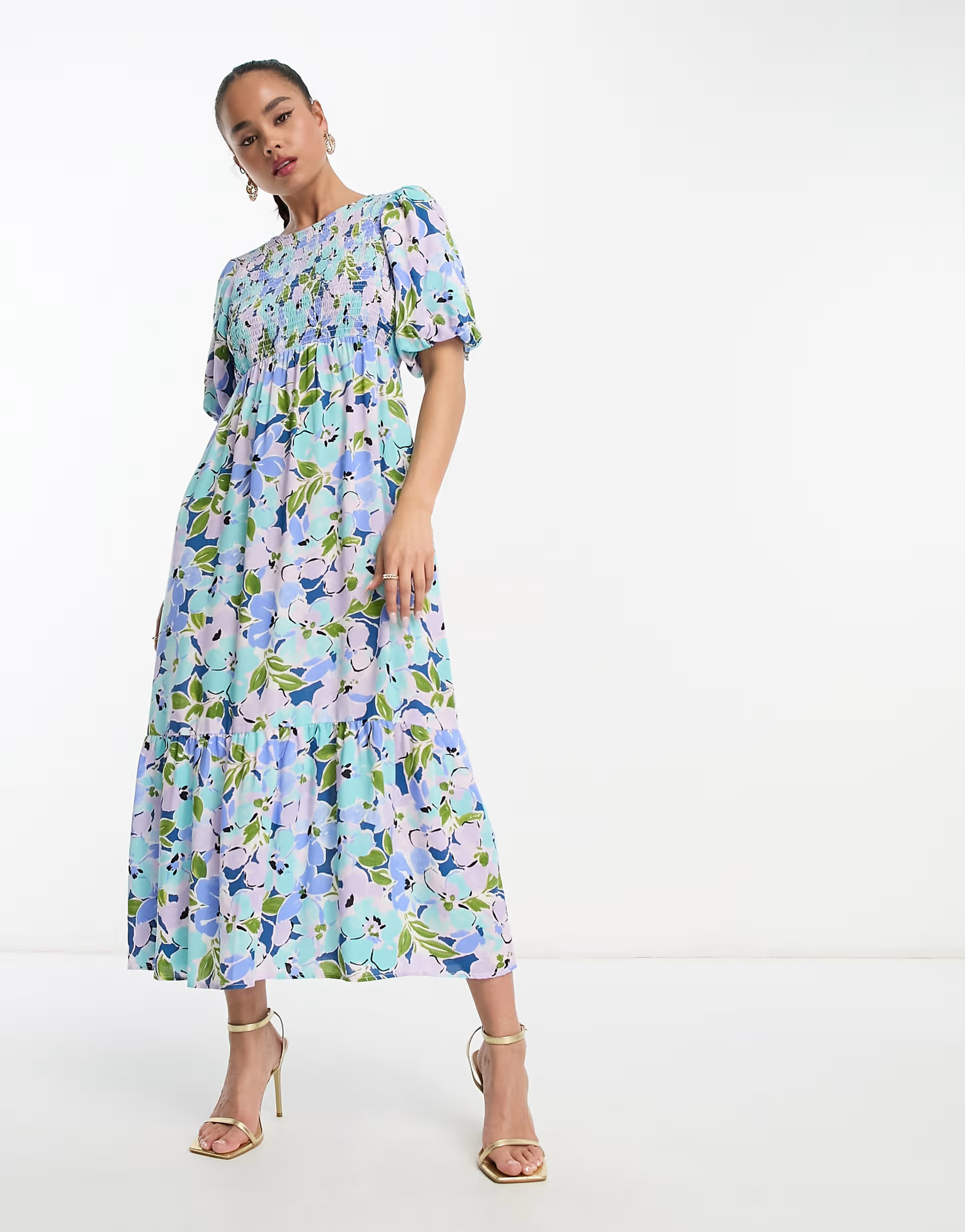 Nobody's Child Kelsie puff sleeve shirred midi dress in blue floral | ASOS (Global)