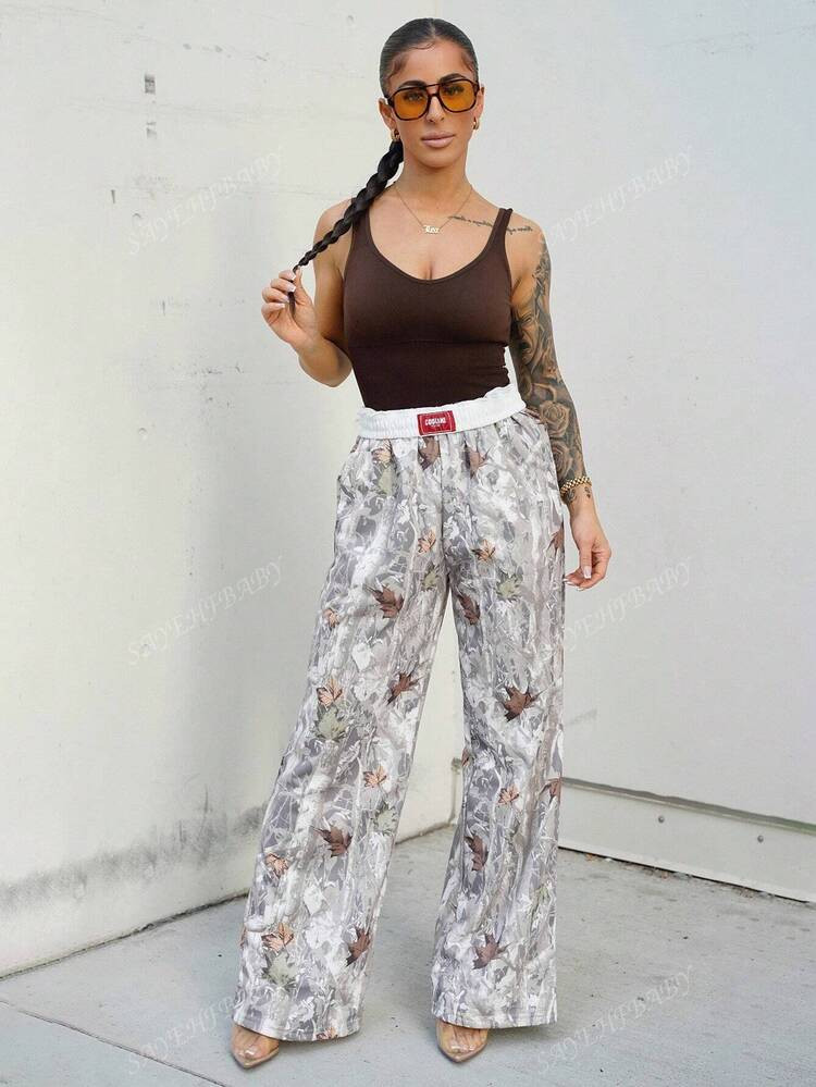 SAYEHFBABY Women's Casual Knitted Long Pants With Autumn Leaf Print And Zipper Detail | SHEIN