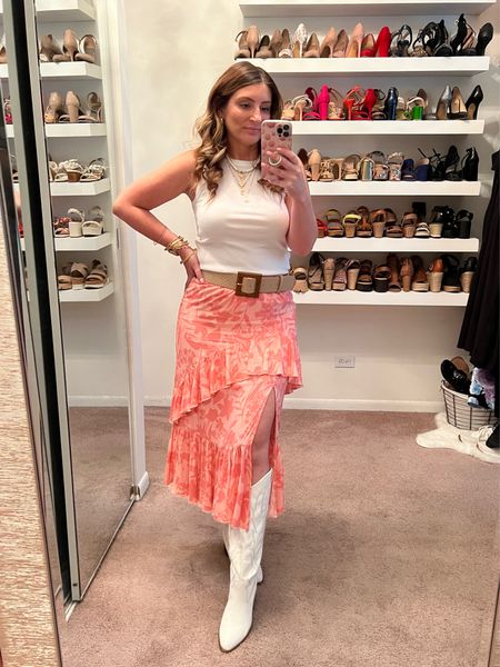 High neck rubbed tank, floral print midi skirt, white cowboy boots, western boots, layered coastal necklace, gold bracelets, gold earrings, Amazon accessories, coastal cowgirl, Nashville outfit, summer outfit, brunch outfit 

#LTKshoecrush #LTKunder50 #LTKsalealert