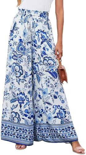 YOCUR Summer Wide Leg Pants for Women Beach Vacation High Waisted Pants Printed Loose Flowy Gauze... | Amazon (US)