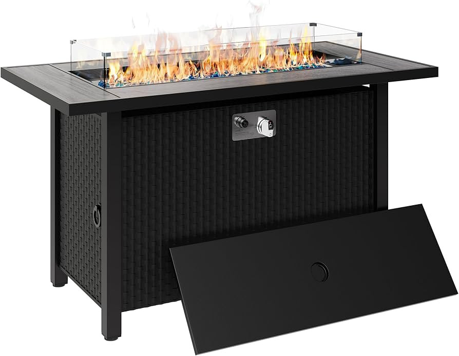 Walsunny 45 inch Outdoor Propane Fire Pit 50,000 BTU Gas Fire Pit Table with Lid, Glass Wind Guar... | Amazon (US)