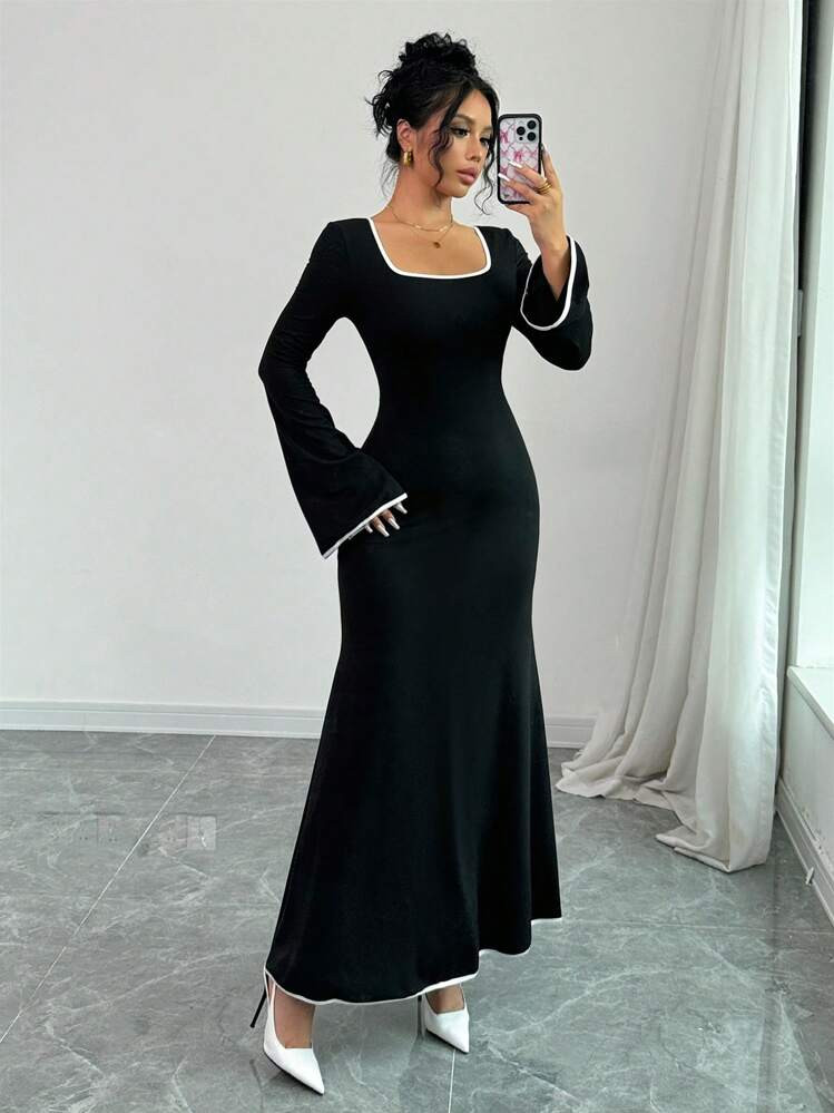 Elenzga Women's Spring/Summer Square Collar Bell Sleeve Maxi Elegant Dress | SHEIN