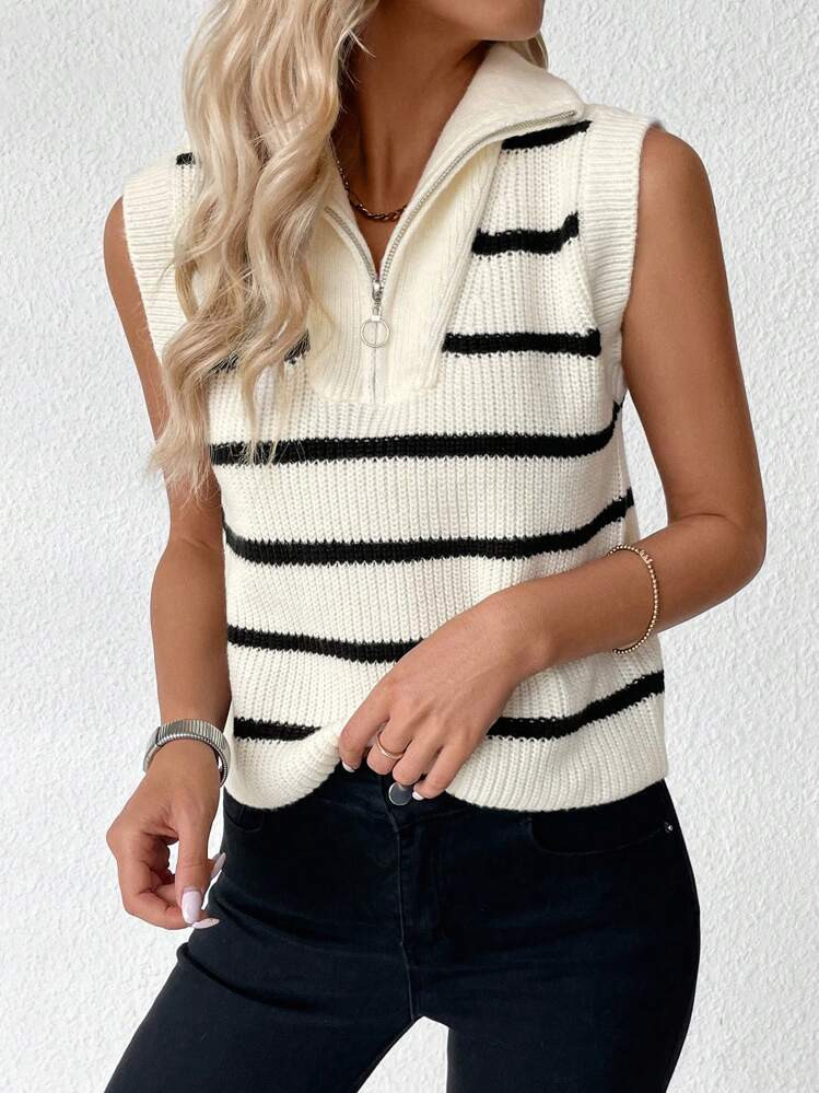 SHEIN LUNE Women Casual Striped Zipper Half Placket Cap Sleeve Knit Sweater, Autumn | SHEIN
