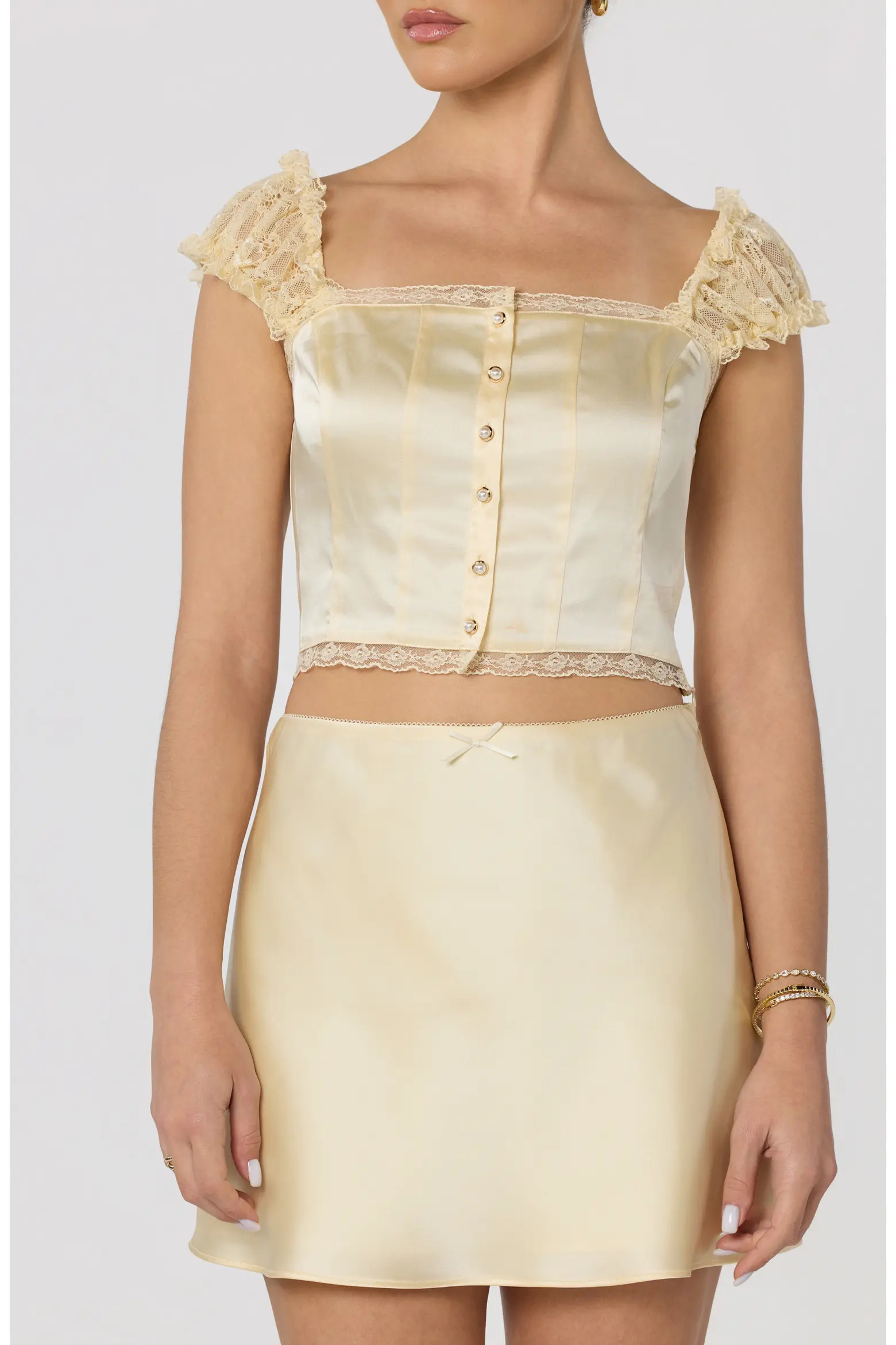 Elliana Lace Trim Satin Button-Up Crop Top (Women) | Nordstrom | Nordstrom