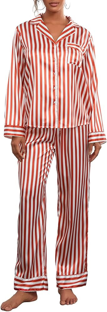 NUFIWI Women Christmas 2 Piece Pajamas Set Striped Printed Long Sleeve Button Down Shirt and Pant... | Amazon (US)