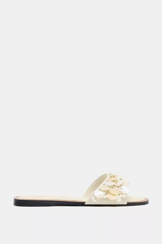 FLAT SANDALS WITH PEARLESCENT PIECES | Zara US