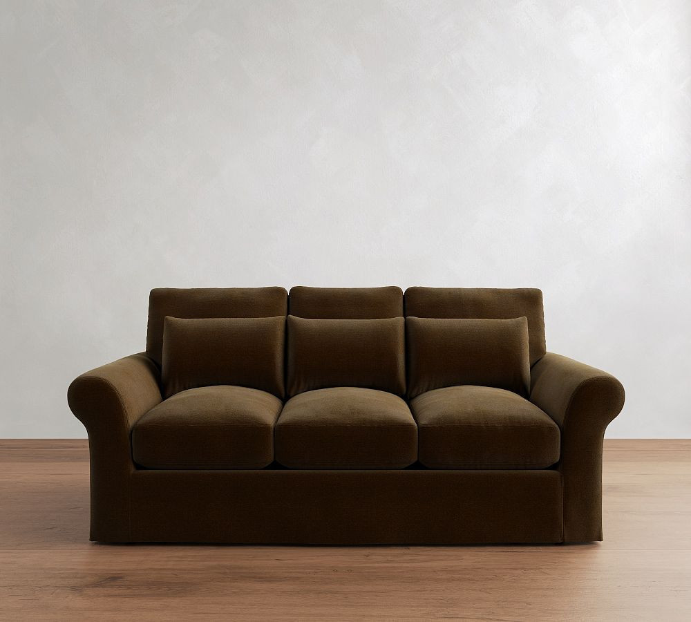 PB Comfort Modern Roll Arm Slipcovered Deep Seat Sofa 82" 3x3, Down Blend Wrapped Cushions, Faux Mohair Velvet Espresso | Pottery Barn (US)