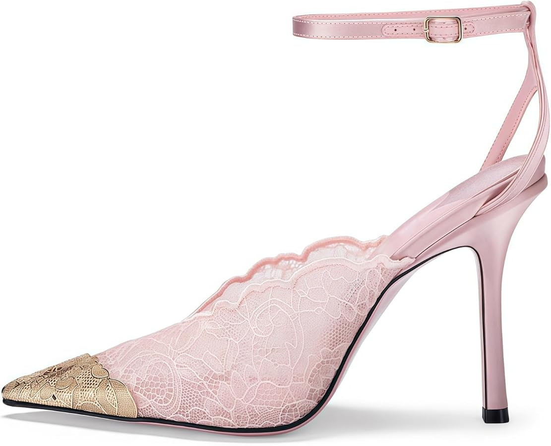 Goolita Metal Pointed Closed Toe Lace Pumps for Women, Mesh Buckle Strap Evening Pumps Sexy Stile... | Amazon (US)