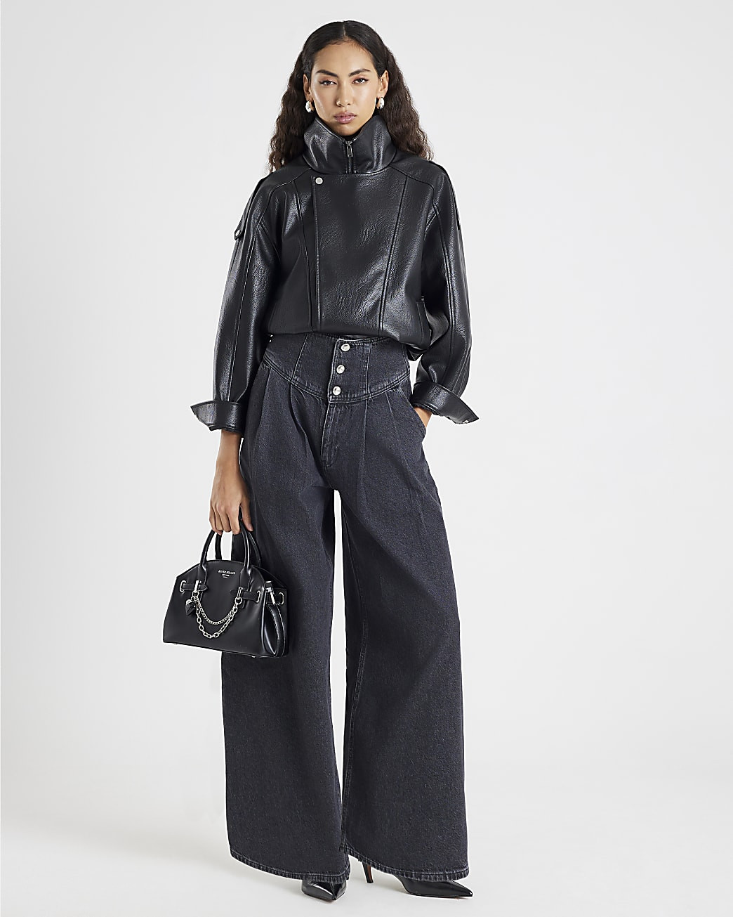 Grey Wide Leg Corset Button Up Jeans | River Island UK & IE