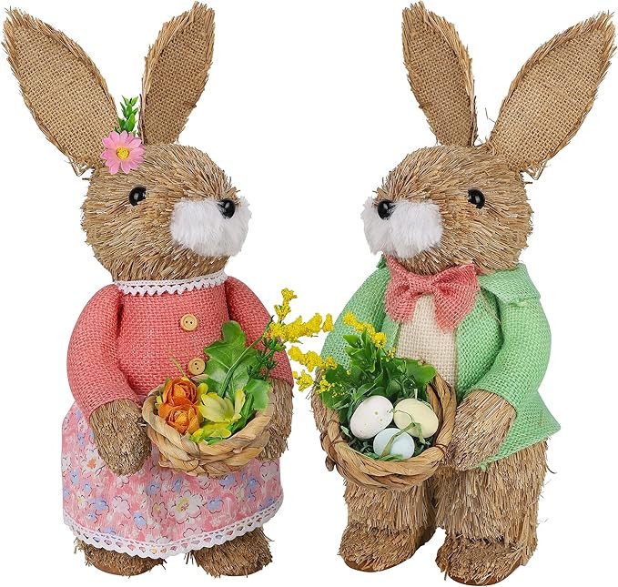 Juegoal Set of 2 Easter Standing Bunny Couple, 13.8" Handmade Straw Bunny Figurine, Easter Rabbit... | Amazon (US)